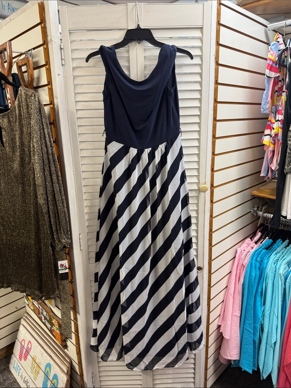 SLNY Navy and White Striped Sleeveless Maxi Dress